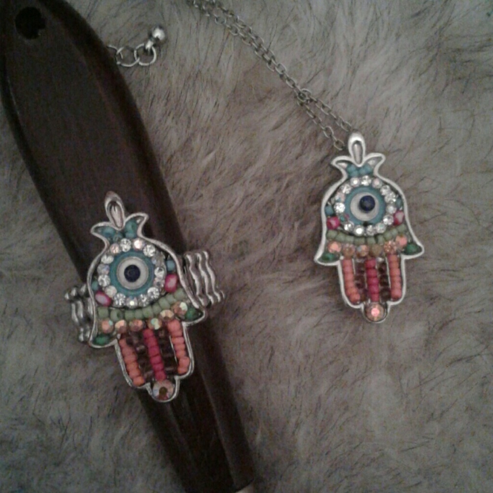 Beaded Hamsa necklace and ring set